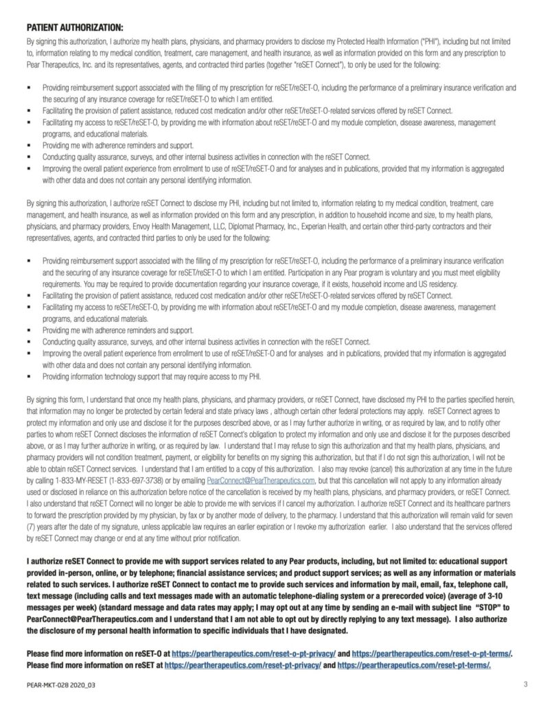 ReSET And reSET-O Patient Authorization Form For PHI Disclosure