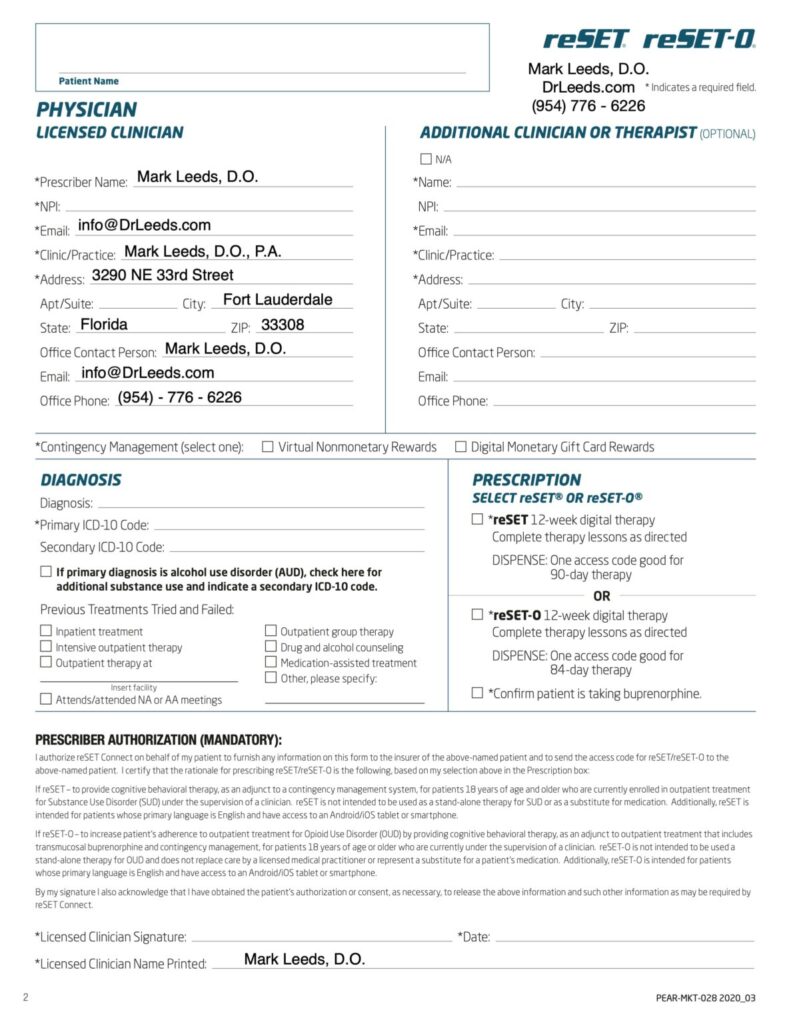 ReSET And reSET-O Physician Licensed Clinician Prescription Form