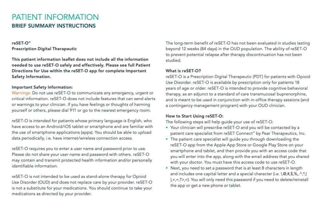 ReSET-O Patient Information And Brief Summary Instructions