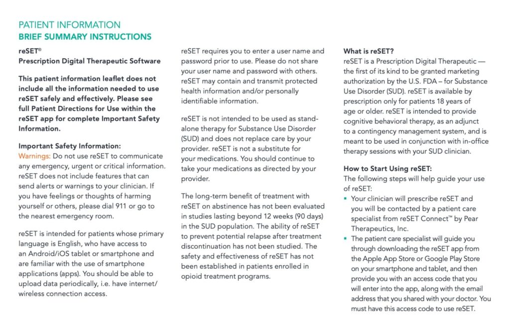 ReSET Patient Information and Brief Summary Instructions