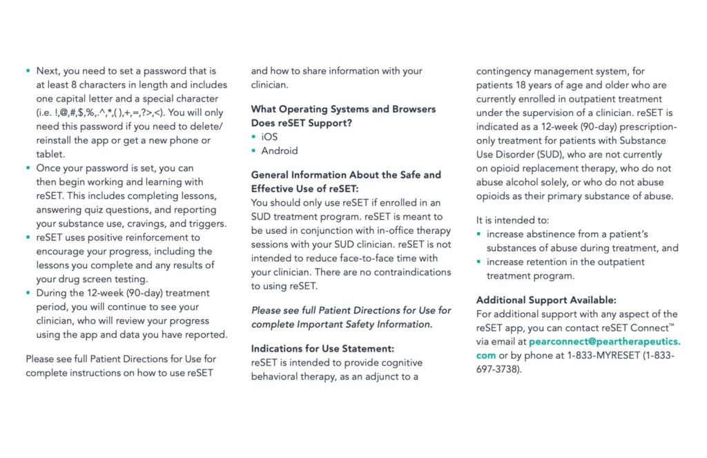 ReSET Patient Information On Usage, Indications, And Support