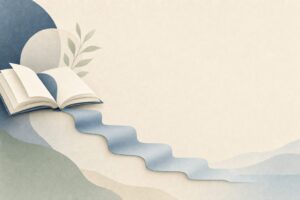 Abstract open book with a gentle descending stair-step gradient flowing from its pages, representing the Ashton Manual approach to benzodiazepine tapering