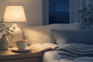 Warm lamp-lit bedside table with a mug of herbal tea, an open book, and folded blanket at night