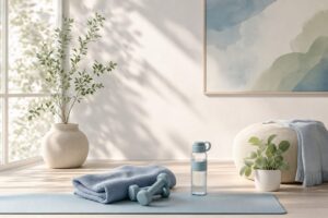Light hand weights, a water bottle, and a towel arranged on a wooden floor near a sunlit window