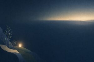 Abstract small steady glow of light holding through a deep blue night field with dawn rising at the edge, representing getting through the hardest days of benzo withdrawal