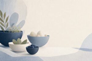 Abstract still life of simple bowls holding soft gentle food forms, representing foods that help benzo belly during benzodiazepine withdrawal