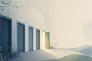 Abstract row of doorways with one softly lit open door, representing how to choose a benzodiazepine tapering provider