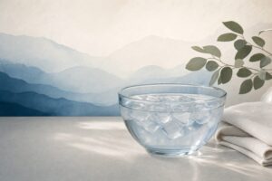 Bowl of ice water with a soft folded towel on a clean counter