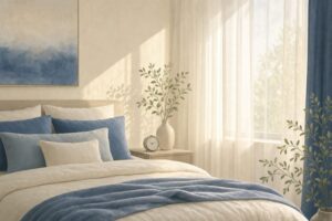 Soft morning sunlight streaming through a bedroom window onto a neatly made bed with an analog clock on the nightstand