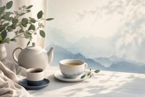 Half-full coffee cup beside a pot of herbal tea on a calm morning table, symbolizing a gradual switch
