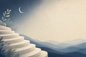 Abstract crescent moon over gentle descending steps into a restful landscape, representing tapering off sleeping pills with medical guidance