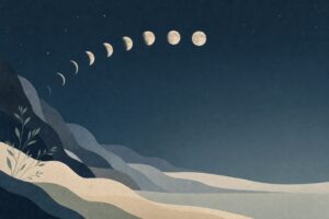 Abstract sequence of moon phases over a landscape gradually settling into restful dark blue, representing recovery from benzo withdrawal insomnia
