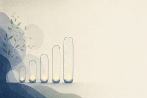 Abstract repeated vessel forms where the same fill level fades against a growing outline, representing benzodiazepine tolerance when a dose stops working