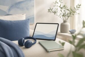Tablet with headphones and a notebook resting on a sofa armrest